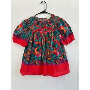 PINCH Tropical Floral Smocked Top XS Puff Sleeve Cutout Red‎ Green Boho